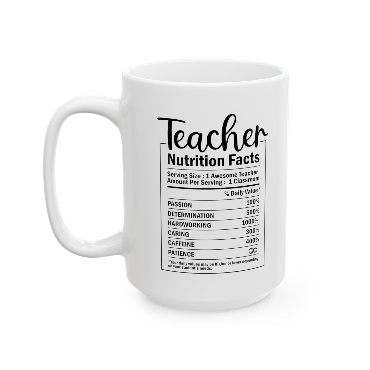 Teacher Nutrition Facts, Teacher Gifts Appreciation Week, Back To School, Ceramic Mug, (11oz, 15oz)