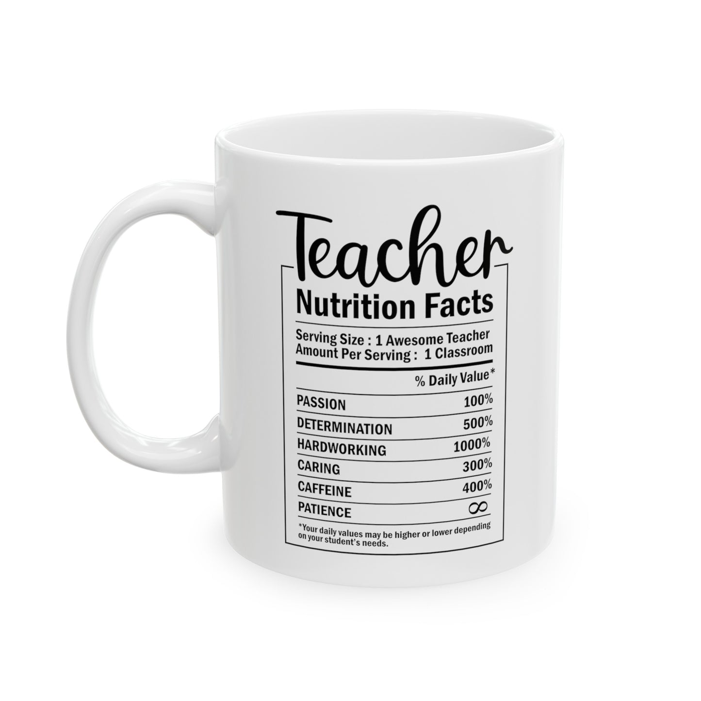 Teacher Nutrition Facts, Teacher Gifts Appreciation Week, Back To School, Ceramic Mug, (11oz, 15oz)