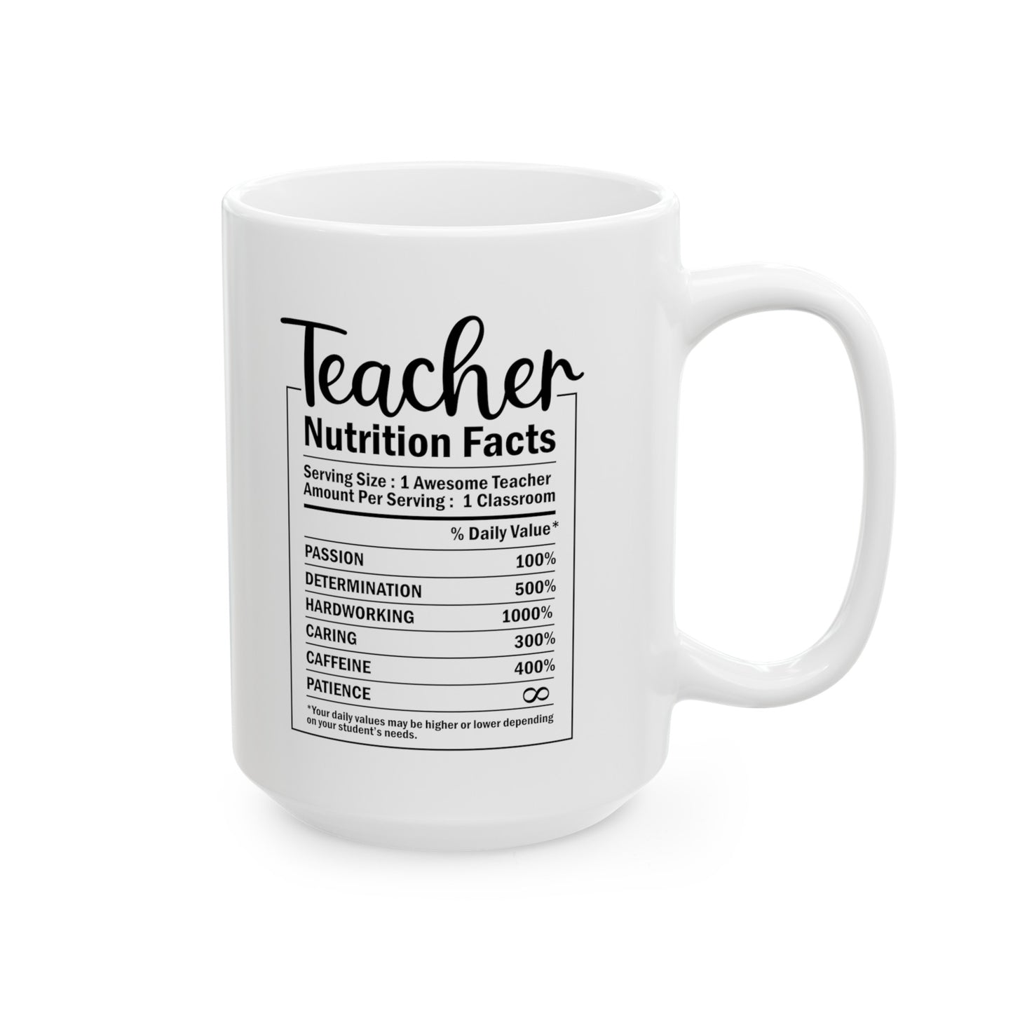 Teacher Nutrition Facts, Teacher Gifts Appreciation Week, Back To School, Ceramic Mug, (11oz, 15oz)