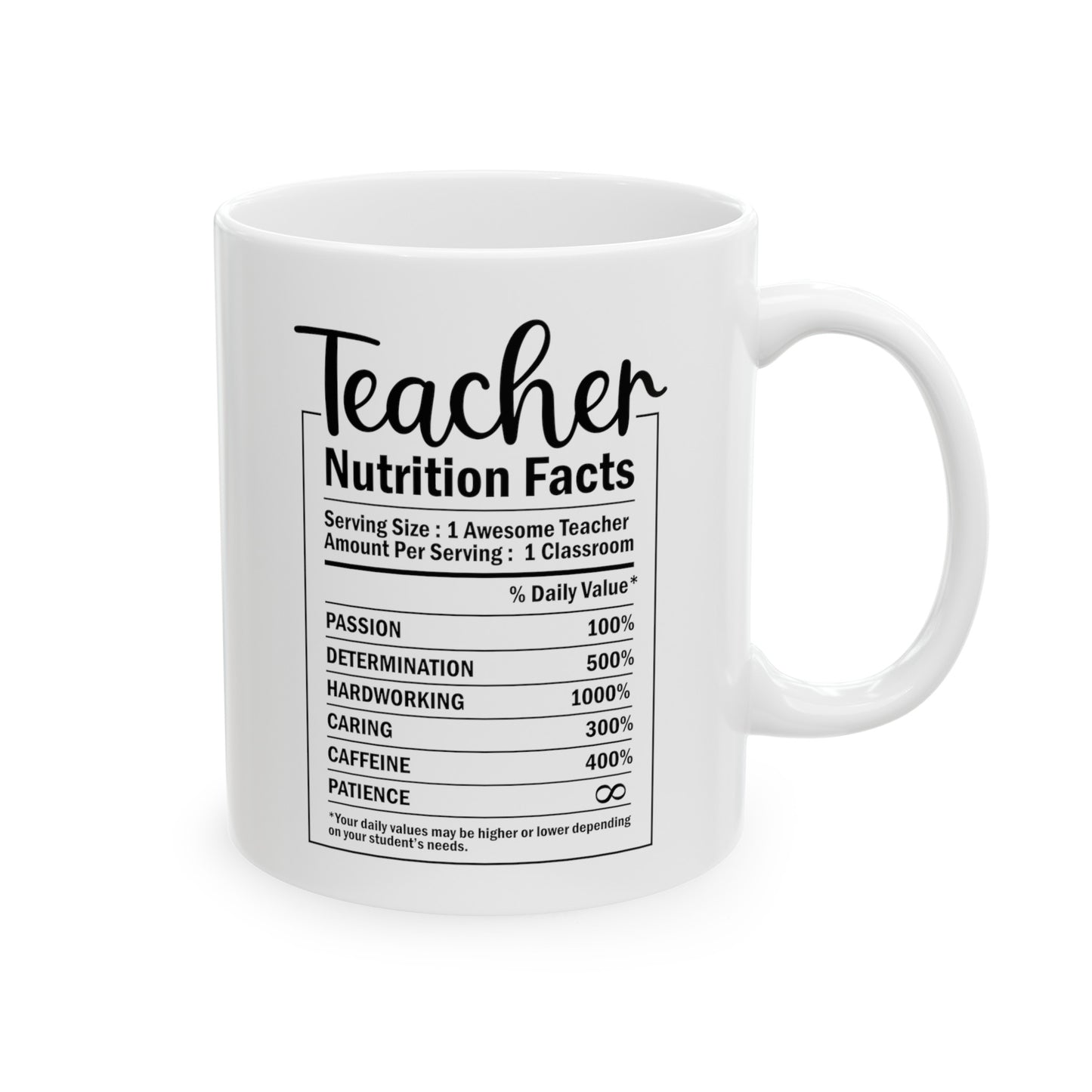 Teacher Nutrition Facts, Teacher Gifts Appreciation Week, Back To School, Ceramic Mug, (11oz, 15oz)