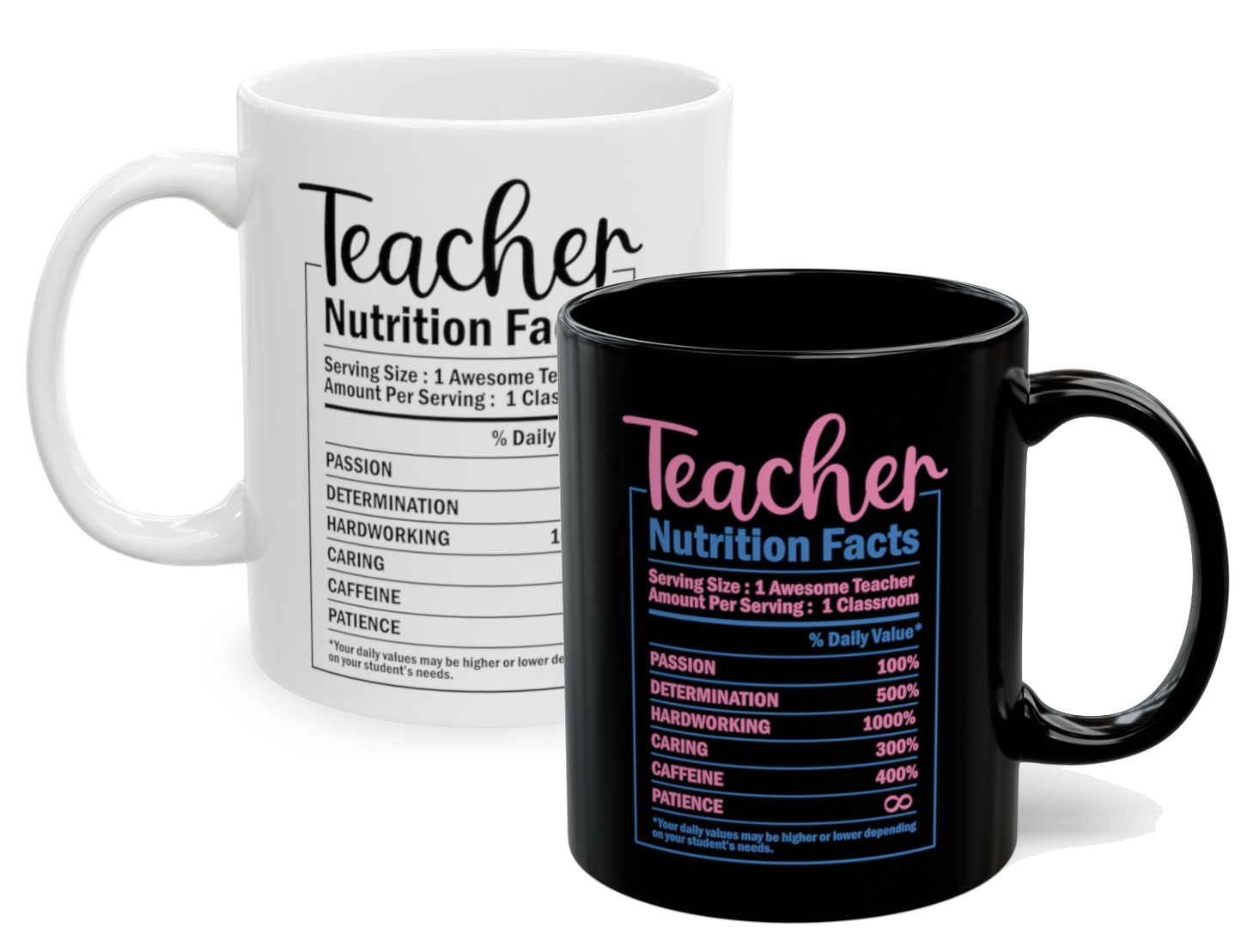 Teacher Nutrition Facts, Teacher Appreciation, Back to School, Teacher Gift Ceramic Mug, (11oz, 15oz)