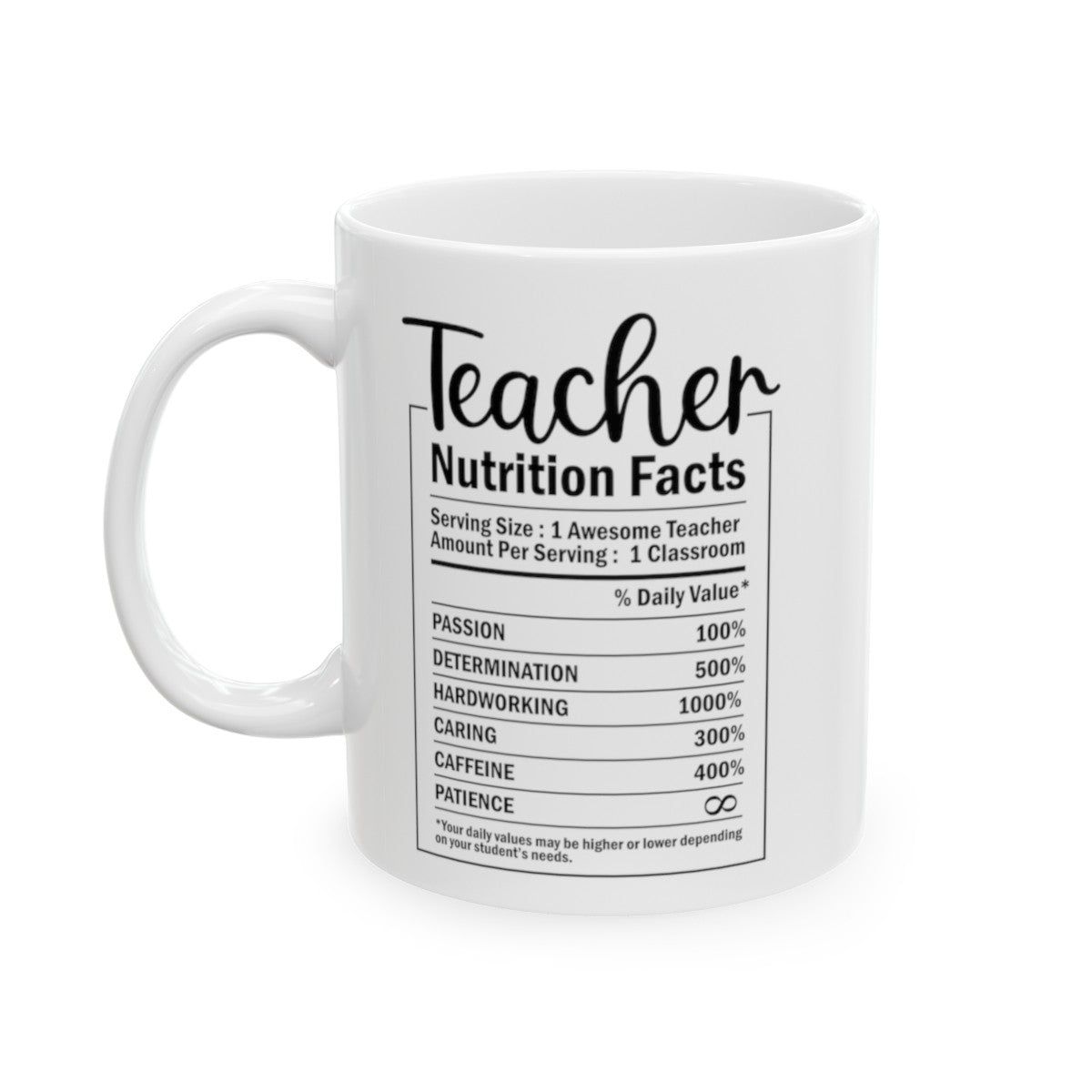 Teacher Nutrition Facts, Teacher Appreciation, Back to School, Teacher Gift Ceramic Mug, (11oz, 15oz)