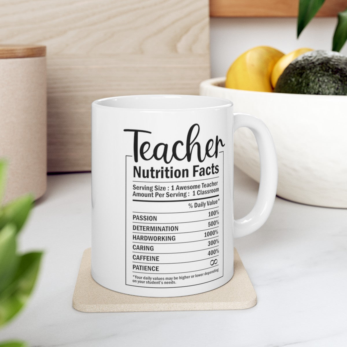 Teacher Nutrition Facts, Teacher Appreciation, Back to School, Teacher Gift Ceramic Mug, (11oz, 15oz)