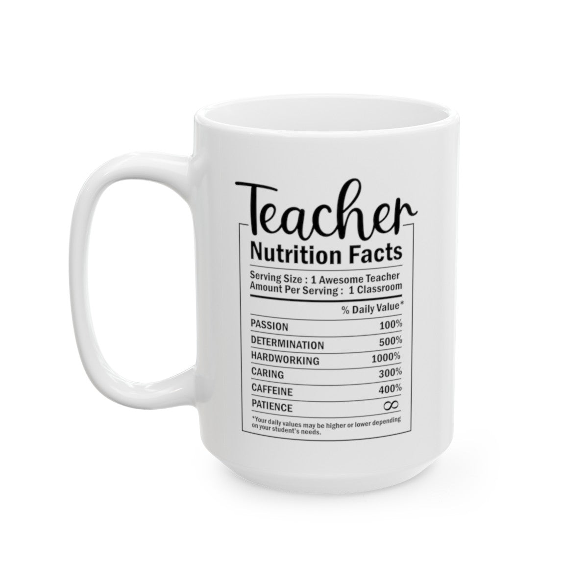 Teacher Nutrition Facts, Teacher Appreciation, Back to School, Teacher Gift Ceramic Mug, (11oz, 15oz)